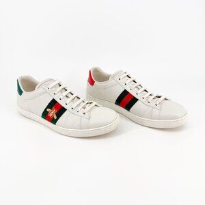 Gucci Ace Bee White Leather Low Top Sneakers Stripe Shoe Size 38.5 US 8.5 Women